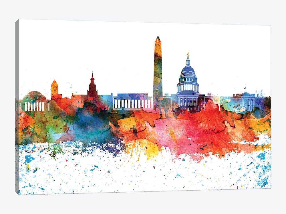 Washington Colorful Watercolor Skyline by WallDecorAddict 1-piece Canvas Print