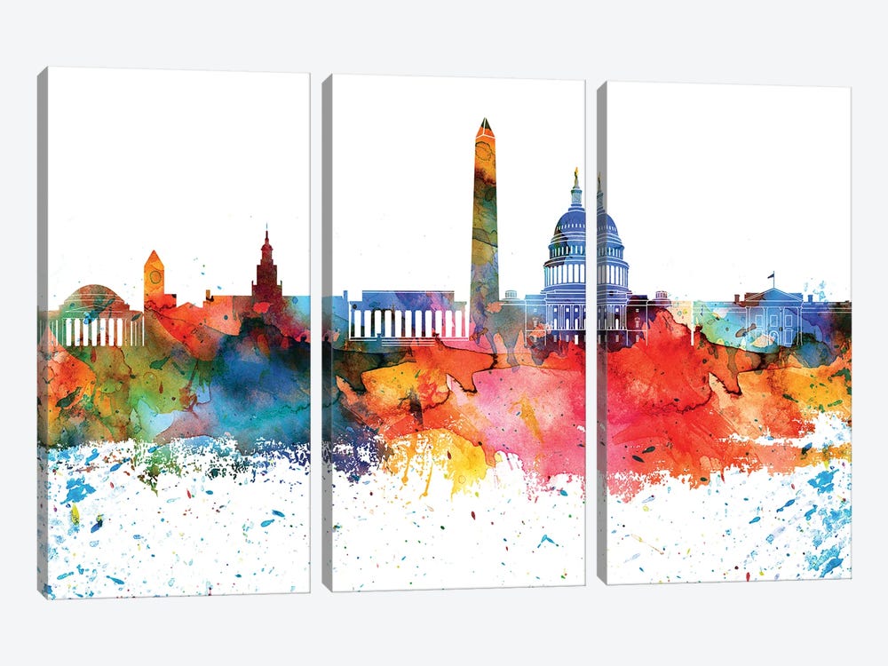 Washington Colorful Watercolor Skyline by WallDecorAddict 3-piece Canvas Print