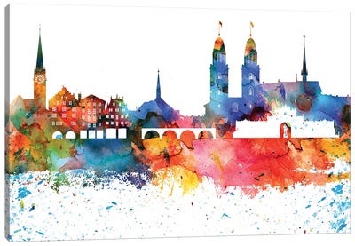 Zurich Colorful Watercolor Skyline Canvas Art Print - Switzerland Art