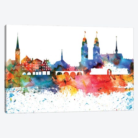Zurich Colorful Watercolor Skyline Canvas Print #WDA1388} by WallDecorAddict Canvas Art Print