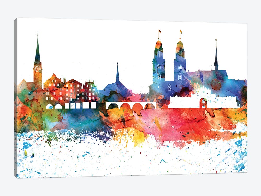 Zurich Colorful Watercolor Skyline by WallDecorAddict 1-piece Canvas Artwork