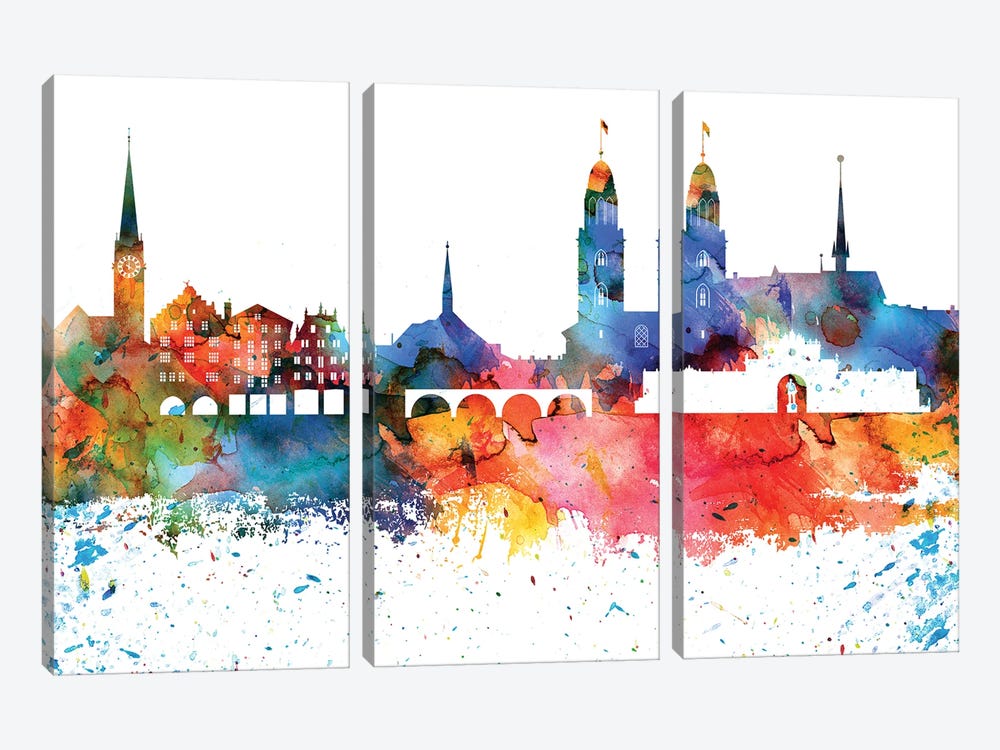 Zurich Colorful Watercolor Skyline by WallDecorAddict 3-piece Canvas Artwork