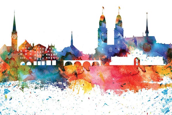 Zurich: Zurich Colorful Watercolor Skyline by WallDecorAddict