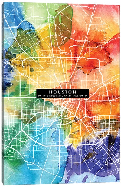 Houston City Map Colorful Canvas Art Print - Houston Maps