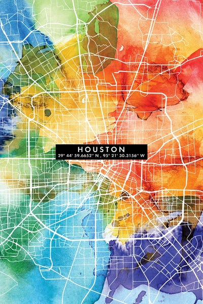 Large Map Art - Canvas Prints: Houston City Map Colorful by WallDecorAddict