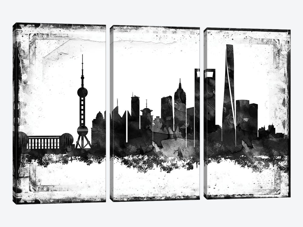 Shanghai Black & White Film by WallDecorAddict 3-piece Canvas Art Print