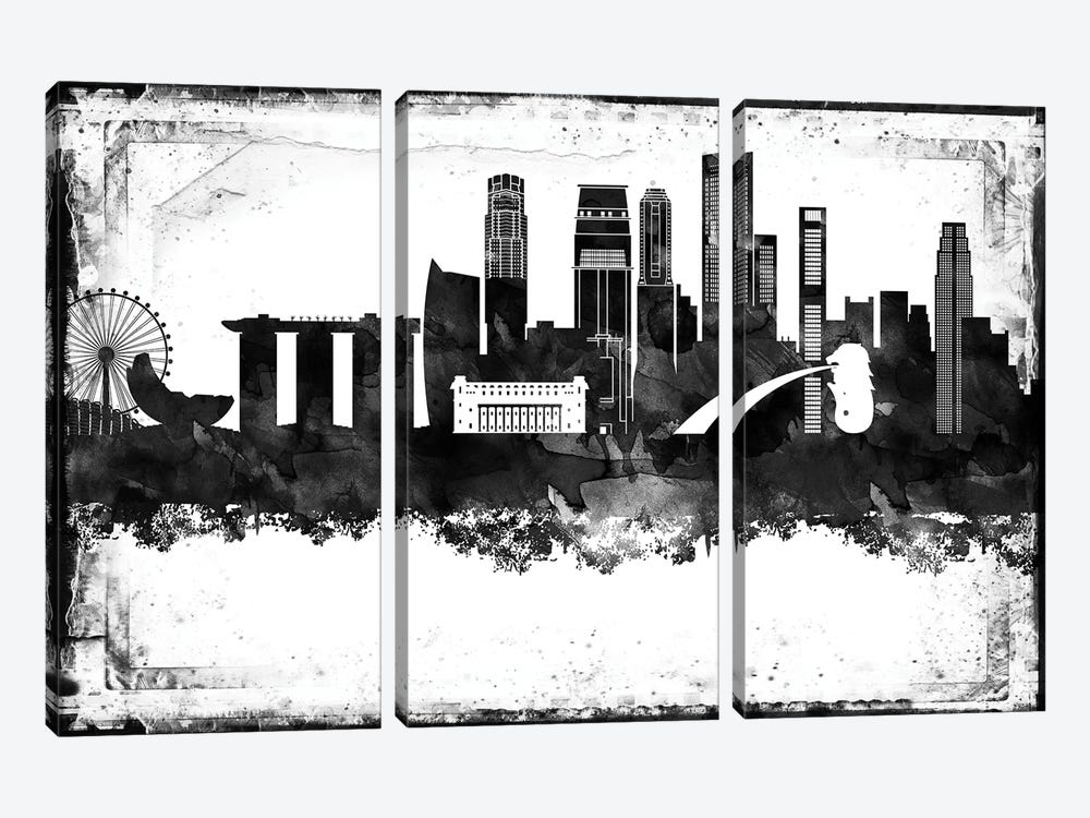 Singapore Black & White Film by WallDecorAddict 3-piece Canvas Artwork