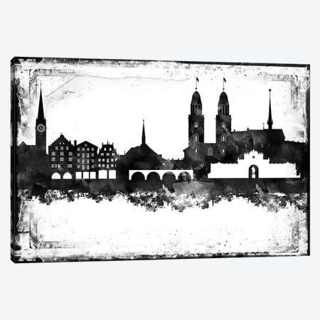Zurich Black & White Skyline Canvas Print #WDA1489} by WallDecorAddict Canvas Wall Art