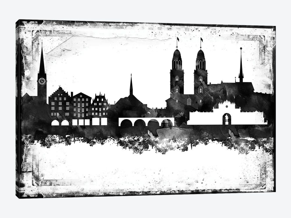 Zurich Black & White Skyline by WallDecorAddict 1-piece Canvas Wall Art
