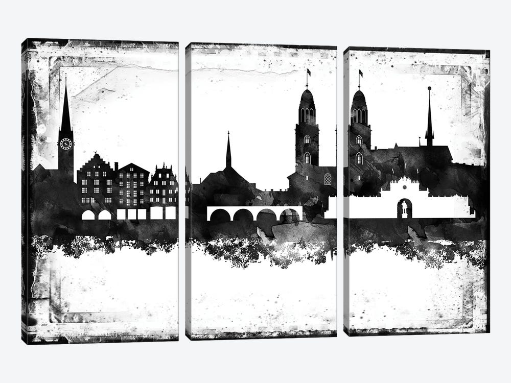 Zurich Black & White Skyline by WallDecorAddict 3-piece Canvas Art