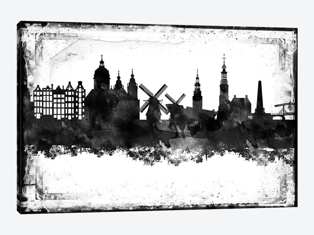 Amesterdam Black And White Framed Skylines by WallDecorAddict 1-piece Canvas Wall Art