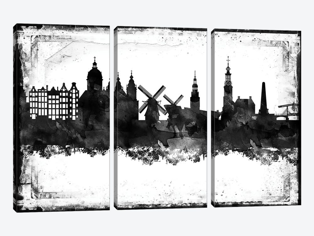 Amesterdam Black And White Framed Skylines by WallDecorAddict 3-piece Canvas Artwork