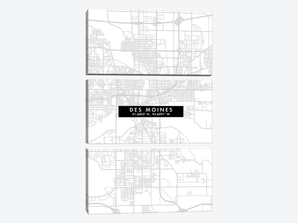 Des Moines, Iowa, City Map Minimal Style by WallDecorAddict 3-piece Canvas Art Print