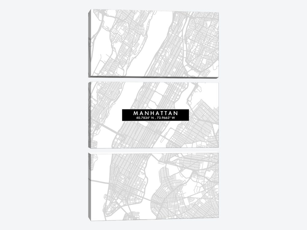 Manhattan City Map Minimal Style by WallDecorAddict 3-piece Canvas Print