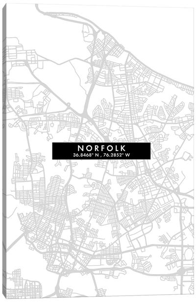 Norfolk, Virginia City Map Minimal Style Canvas Art Print - Virginia Art