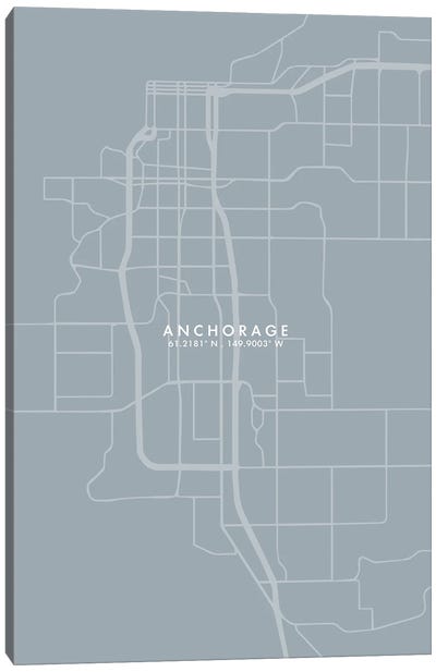 Anchorage City Map Grey Blue Style Canvas Art Print - Alaska Art