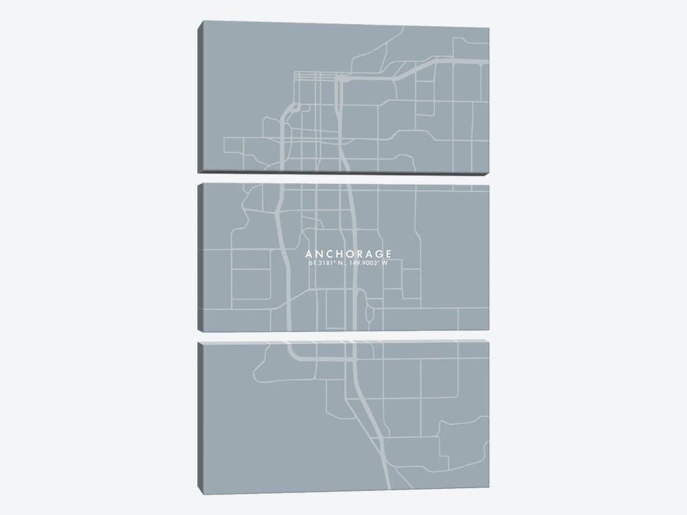 Anchorage City Map Grey Blue Style by WallDecorAddict 3-piece Canvas Print
