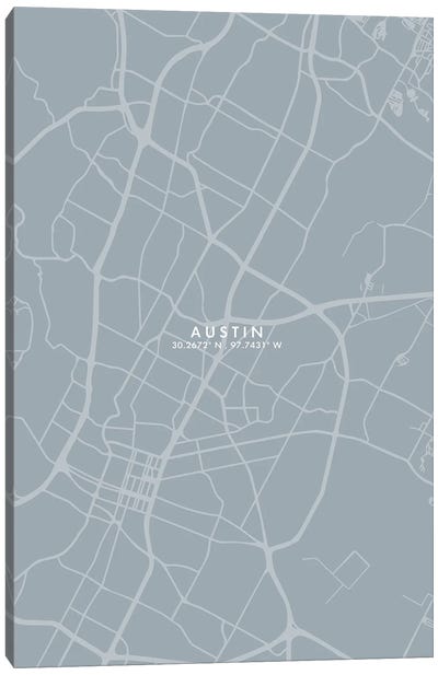 Austin City Map Grey Blue Style Canvas Art Print - Austin Art