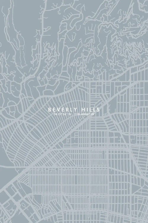 Beverly Hills, California Grey Blue City Map Style