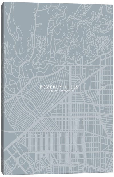 Beverly Hills, California City Map Grey Blue Style Canvas Art Print - Beverly Hills