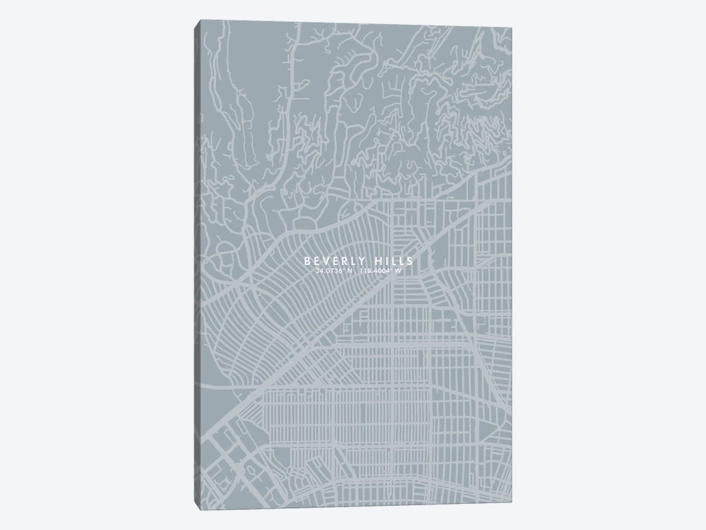 Beverly Hills, California City Map Grey Blue Style by WallDecorAddict 1-piece Canvas Artwork