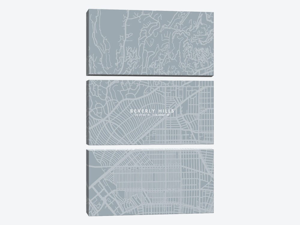 Beverly Hills, California City Map Grey Blue Style by WallDecorAddict 3-piece Canvas Art