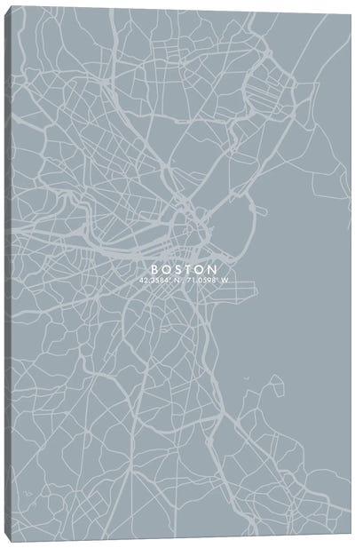 Boston City Map Grey Blue Style Canvas Art Print - Boston Art