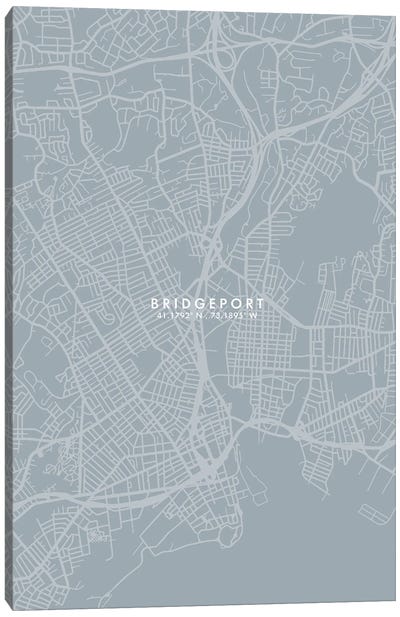 Bridgeport, Connecticut City Map Grey Blue Style Canvas Art Print - Connecticut Art