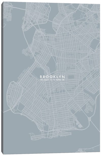 Brooklyn, New York City Map Grey Blue Style Canvas Art Print - New York City Map