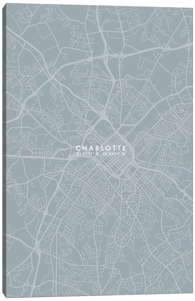 Charlotte City Map Grey Blue Style Canvas Art Print - Charlotte