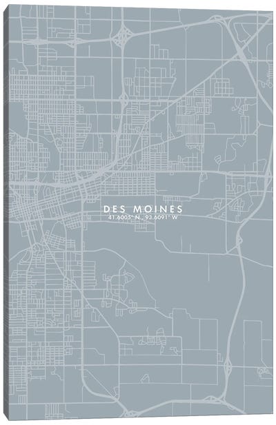 Des Moines City Map Grey Blue Style Canvas Art Print - Iowa Art