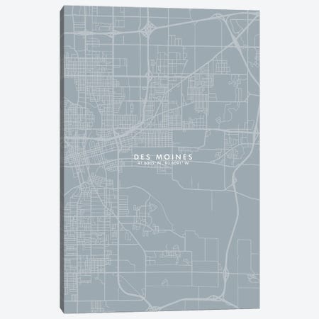 Des Moines City Map Grey Blue Style Canvas Print #WDA1745} by WallDecorAddict Canvas Wall Art