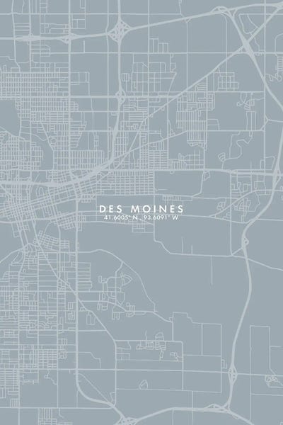 Des Moines: Des Moines City Map Grey Blue Style by WallDecorAddict
