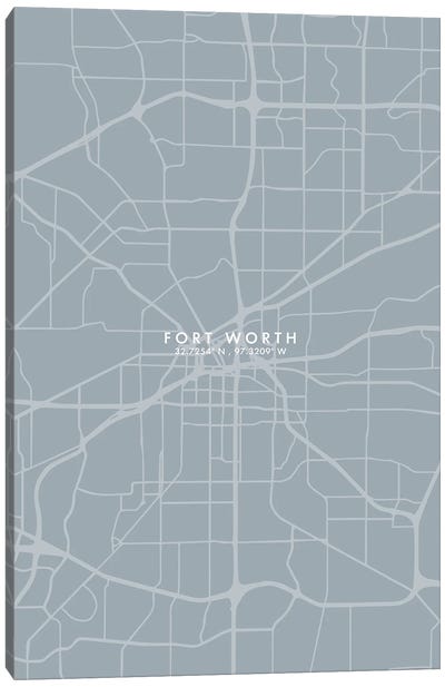 Fort Worth City Map Grey Blue Style Canvas Art Print - Fort Worth