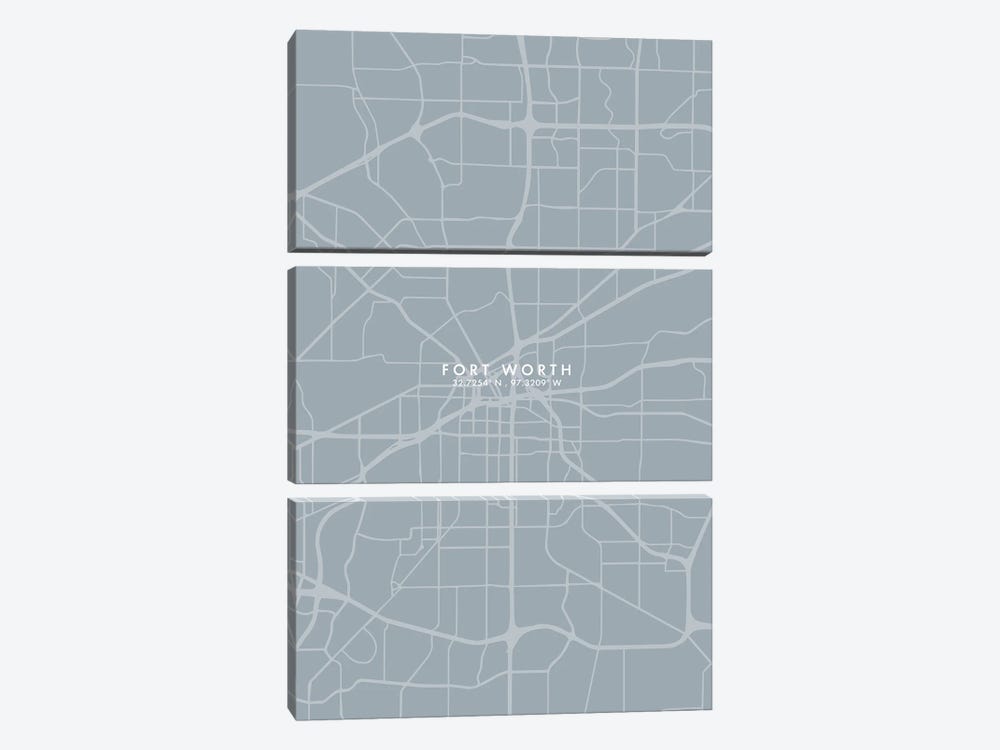 Fort Worth City Map Grey Blue Style by WallDecorAddict 3-piece Canvas Artwork