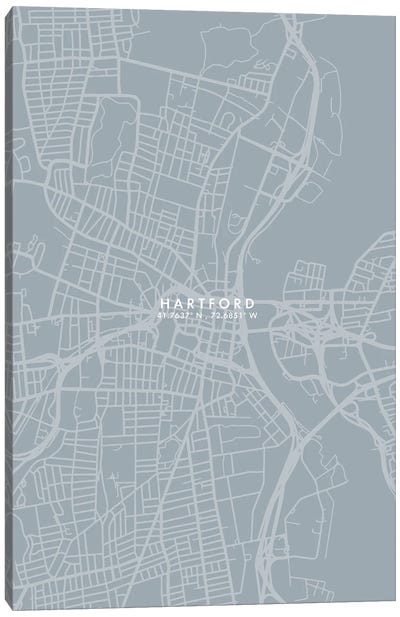 Hartford City Map Grey Blue Style Canvas Art Print - Connecticut Art