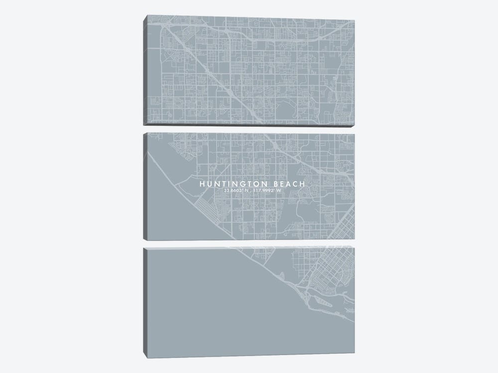 Huntington Beach City Map Grey Blue Style by WallDecorAddict 3-piece Canvas Art