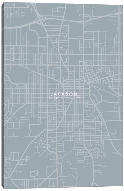Jackson Michigan City Map Grey Blue Style Canvas Art Print - Mississippi Art