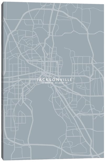 Jacksonville City Map Grey Blue Style Canvas Art Print - Jacksonville Art