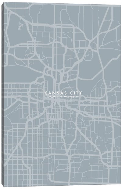 Kansas City City Map Grey Blue Style Canvas Art Print - Kansas City Maps