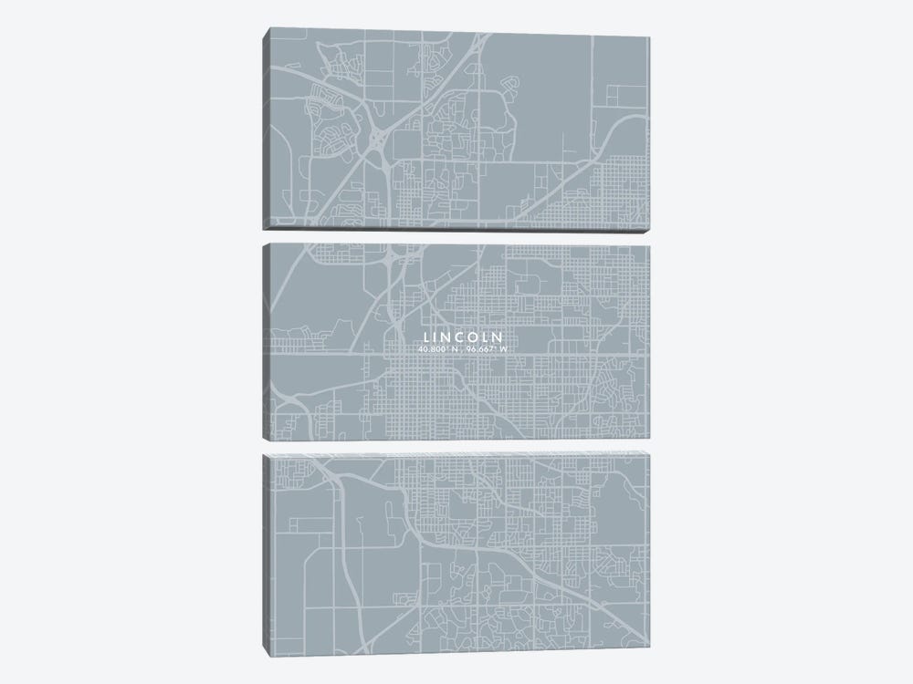 Lincoln City Map Grey Blue Style by WallDecorAddict 3-piece Canvas Artwork