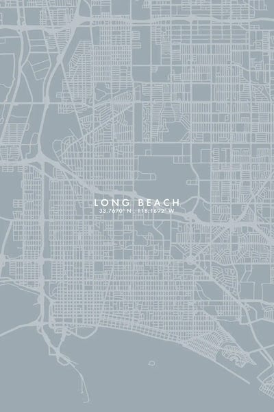 Long Beach City Map Grey Blue Style by WallDecorAddict framed canvas print