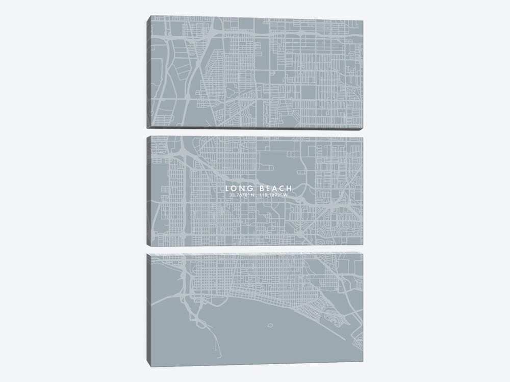 Long Beach City Map Grey Blue Style by WallDecorAddict 3-piece Canvas Art