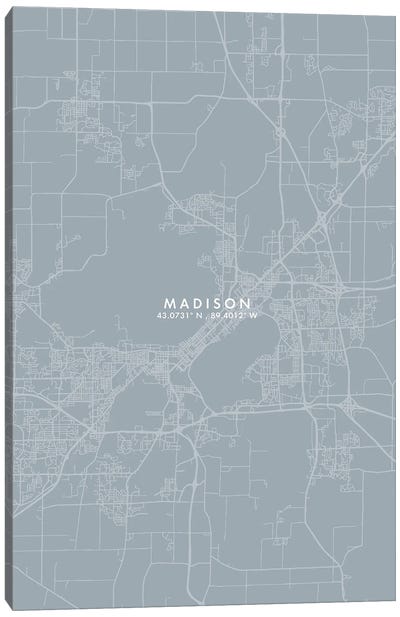 Madison City Map Grey Blue Style Canvas Art Print - Wisconsin Art