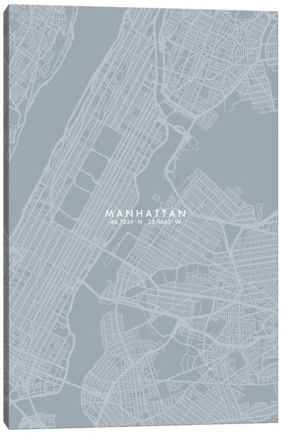 Manhattan City Map Grey Blue Style Canvas Art Print - New York City Map