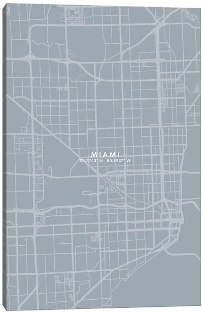 Miami City Map Grey Blue Style Canvas Art Print - Miami Art