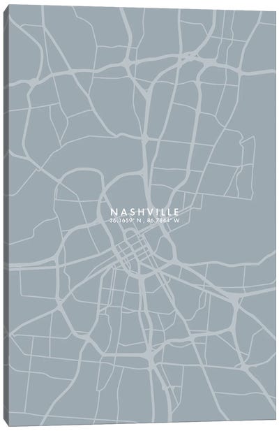 Nashville City Map Grey Blue Style Canvas Art Print - Nashville Art