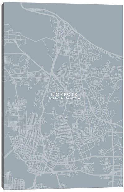 Norfolk City Map Grey Blue Style Canvas Art Print - Virginia Art