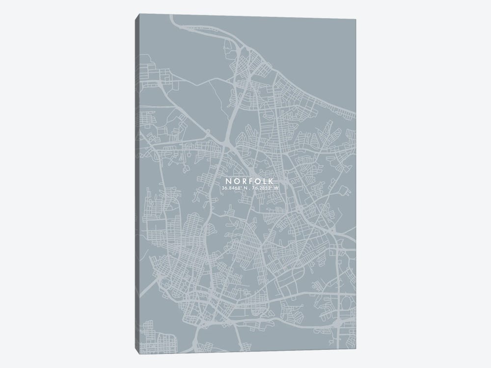 Norfolk City Map Grey Blue Style by WallDecorAddict 1-piece Canvas Print
