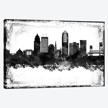 Jacksonville Black And White Framed Skylines Canvas Print #WDA177} by WallDecorAddict Canvas Artwork